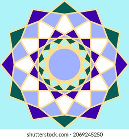Vector illustration of an oriental islamic mosaic tile on turquoise background. Geometric, symmetry. Blue, purple, green, golden beige, lilac
