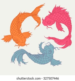  vector illustration, oriental isolated hand drawn fishes. Underwater wildlife