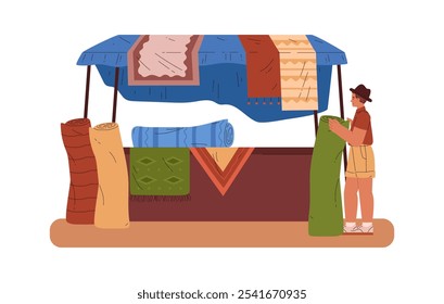 Vector illustration of an oriental market with carpets and a young male seller. The table under the canopy reflects an authentic shopping experience