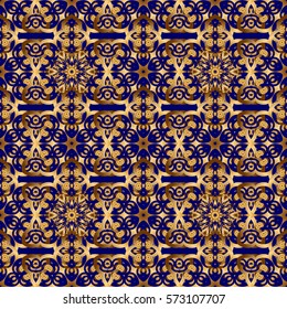 Vector illustration. Oriental ornament seamless pattern in the style of baroque on a blue background. Traditional classic pattern in gold and blue colors.