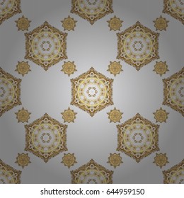 Vector illustration. Oriental ornament seamless pattern in the style of baroque on a gray background. Traditional classic pattern in gold and gray colors.