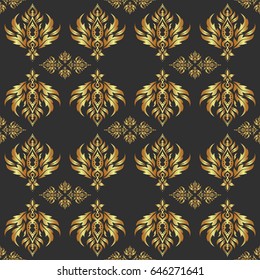 Vector illustration. Oriental ornament seamless pattern in the style of baroque on a gray background. Traditional classic pattern in gold and gray colors.