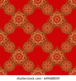 Vector illustration. Oriental ornament seamless pattern in the style of baroque on a red background. Traditional classic pattern in gold and red colors.