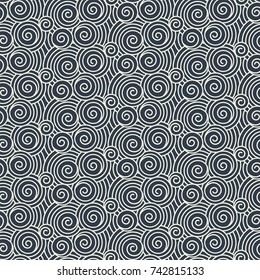 Vector illustration of oriental pattern - geometric curly round waves in dark blue and beige, seamless repeating ornament