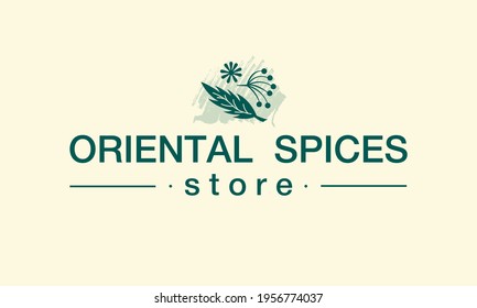 Vector illustration of oriental spices store logo for banner, poster, spice shop advertisement, signage, catalog, product design. Changeable text with floral graphic elements 
