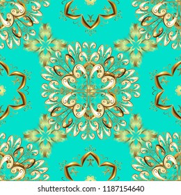 Vector illustration. Oriental style arabesques. Seamless golden textured curls. Blue, beige and yellow colors with gold elements. Vector golden pattern.