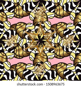 Vector illustration. Oriental style arabesques. Black and yellow colors with gold elements. Seamless golden textured curls. Vector golden pattern.