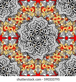 Vector illustration. Oriental style arabesques. Vector white pattern. Seamless white textured curls. Red background with white elements.