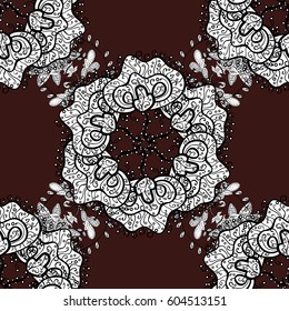 Vector illustration. Oriental style arabesques. Seamless white textured curls. Brown background with gray elements. Vector white pattern.