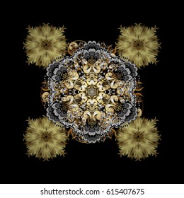 Vector illustration. Oriental style arabesques. Vector pattern. Textured curls. Golden background with isolated elements.