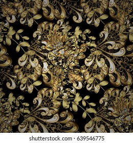 Vector illustration. Oriental style arabesques. Black background with gold elements. Vector golden pattern. Seamless golden textured curls.