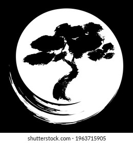 Vector illustration in oriental style. A tree on the background of the moon, drawn by hand with a brush. The concept of traditional Japanese or Chinese painting.