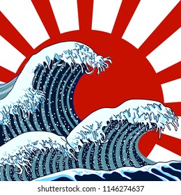 Vector Illustration: Oriental Waves, Storm Picture, Traditional Asian Art.