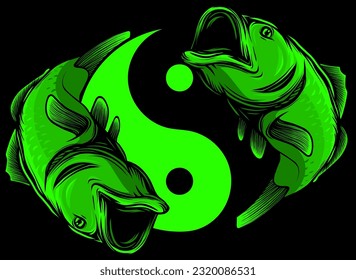 ilustración vectorial Símbolo de peces de Yin Yang oriental sobre fondo negro