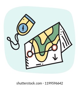 Vector illustration of orienteering icon. isolated elements:  compass, map. Orientation, navigation equipment. 