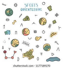 Vector illustration of orienteering map signs. Large set of map isolated topo symbols and landmark objects. Orientation, navigation symbol. 