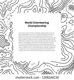 Vector illustration of orienteering map with text place.  topo symbols and landmark objects. Orientation, topography, navigation banner template. 