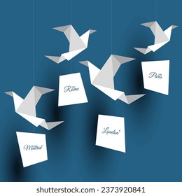 Vector illustration of origami bird with European country name signs.