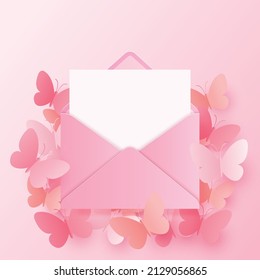 Vector illustration of origami butterfly flying with envelope and with a blank sheet of paper in pink and orange color. Paper art style background.