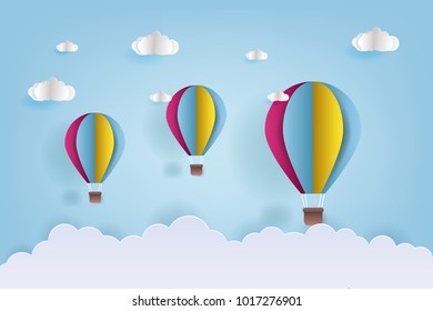 Vector Illustration Origami Colorful Hot Air Balloon and Cloud. Paper art style.