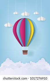 Vector Illustration Origami Colorful Hot Air Balloon and Cloud. Paper art style.