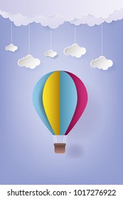 Vector Illustration Origami Colorful Hot Air Balloon and Cloud. Paper art style.