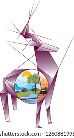 
Vector illustration origami deer, big horns, nature and birds horns, landscape, skech drawing
