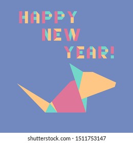 Vector illustration with origami inscription Happy new year and rat. Rat zodiac sign, symbol of 2020 on the Chinese calendar. Year of the rat. Chinese horoscope.