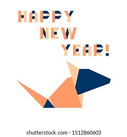 Vector illustration with origami inscription Happy new year and rat. Rat zodiac sign, symbol of 2020 on the Chinese calendar. Year of the rat. Chinese horoscope.