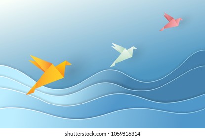 Vector illustration with origami, paper bird flying on sky background with white cloud.