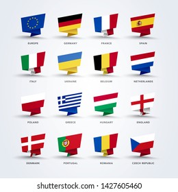 vector illustration origami pin flags of the world, europe set