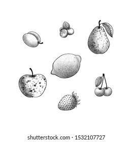 Vector illustration in the original style with fruit. Pear, apple, lemon, strawberry, and plum. It can be used for drawing on a tile or as a decor.