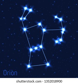 Vector illustration of Orion constellation. Cluster of realistic stars in the dark blue starry sky.