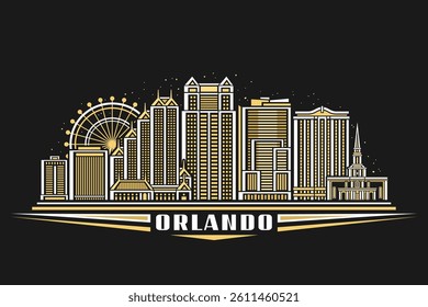 Vector illustration of Orlando, dark horizontal card with linear design orlando city scape on nighttime starry sky background, modern urban line art concept with unique brush letters for text orlando