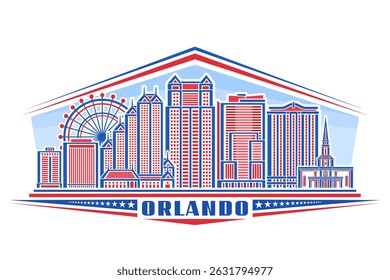 Vector illustration of Orlando, horizontal decorative sign with linear design orlando city scape on day sky background, national urban line art concept with unique brush letters for blue text orlando
