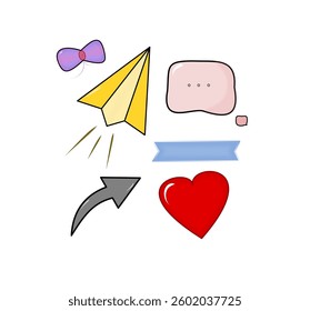 A vector illustration of ornament in a flat and minimalist style. Includes a paper plane, chat bubble, arrow, label and heart