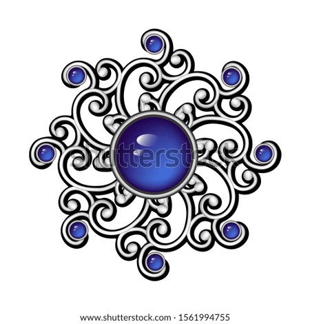 Vector illustration ornament pattern jewelry with gemstones round brooch