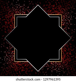 Vector illustration of Ornament and red sparkles on a black texture. Gold and silver frame