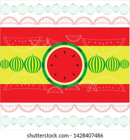 Vector illustration of an ornament with a round watermelon and slices of watermelon. Summer. Juicy sweet watermelon.