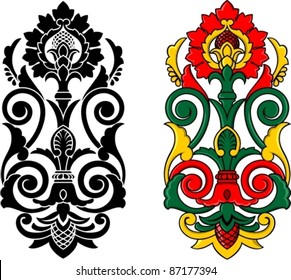 Vector illustration of ornament in style of Russian national tradition, black and color
