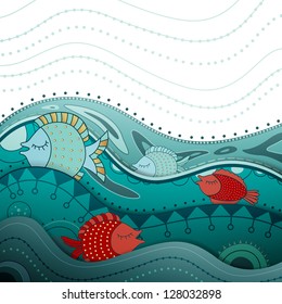 Vector Illustration of an Ornamental Background with Decorative Fishes