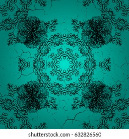 Vector illustration. Ornamental black textured curls. Blue background with black elements. Oriental style arabesques. Vector black pattern.