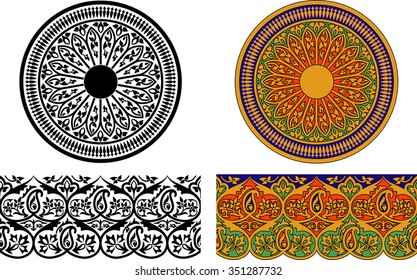 Vector illustration of ornamental border and circle cover (Arabic style). black and color variant