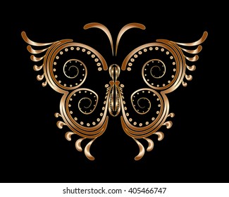 Vector illustration of ornamental butterfly on black background, imitates metallic shiny texture. Fantasy butterfly jewelry with decorated wings, steampunk style. Design element for print, logo, icon.