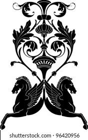 Vector illustration of ornamental composition with horse Pegasus. Stencil for decor.