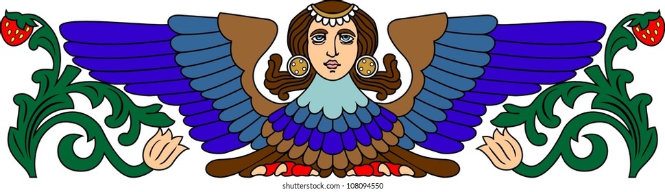 Vector illustration of ornamental composition with  Mythical bird sirin