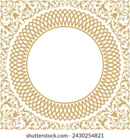 Vector illustration for ornamental design pattern on square and round frame in the center, gold color, suitable for calligraphy, mosque decoration, used with text placement in the center