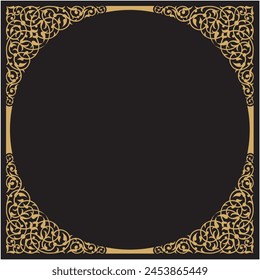 Vector illustration for an ornamental design pattern on a square and round frame in the middle, gold design and black background, suitable for calligraphy, use with text placement in the centre