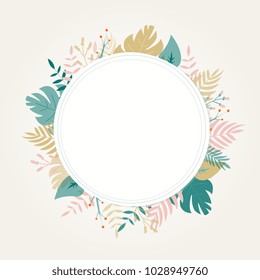 Vector illustration of ornamental empty frame with various floral decor on white backdrop. 