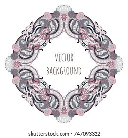 Vector illustration ornamental frame with abstract flowers doodling, zenart on a white background.